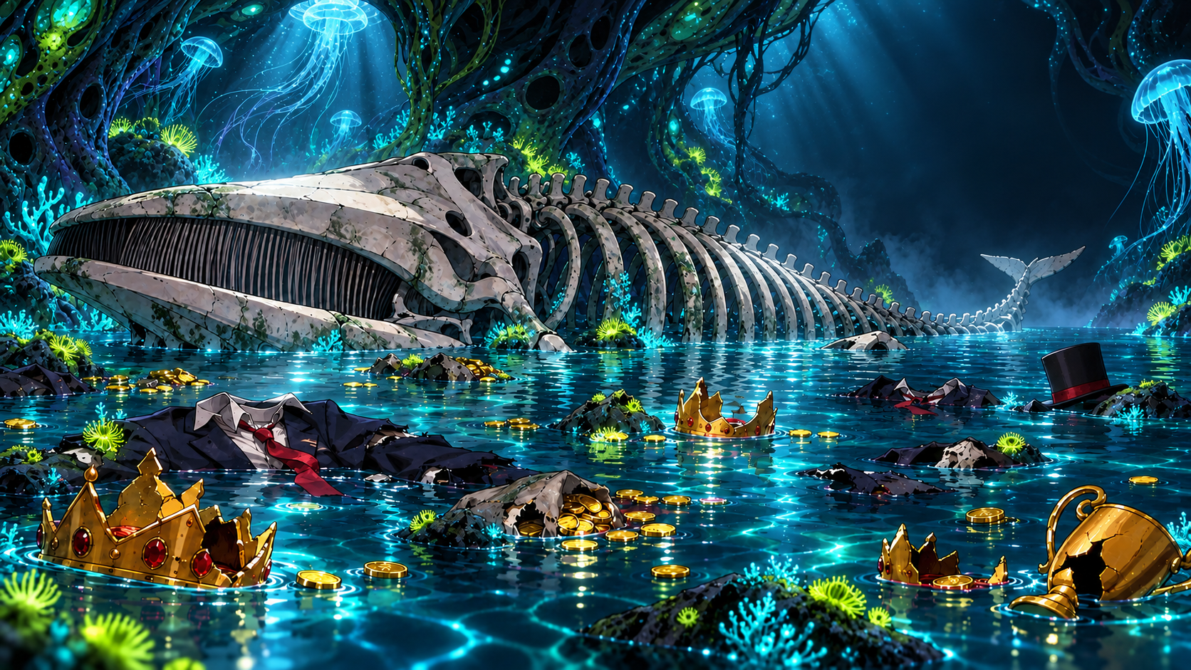 A whale skeleton and the loot of the rich floating in glowing teal water